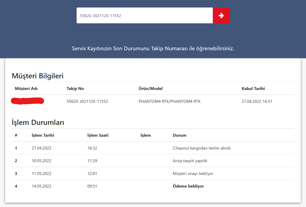 DJI teknik destek cihaz takibi